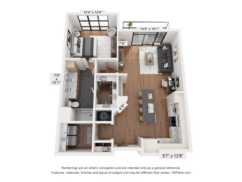 Floor plan for 1 bed, 1 bath, 849 sqft